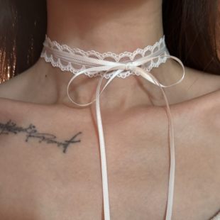 [楼哈哈]超仙白色蕾丝项圈少女蝴蝶结锁骨项链长款双层叠戴颈链