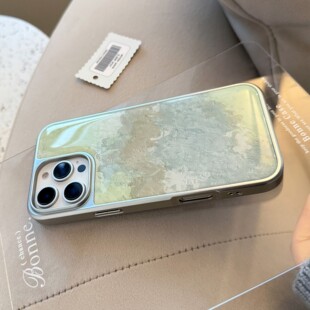 清新绿油画适用苹果15promax手机壳iphone16滴胶13高级感14电镀硬