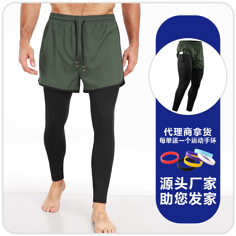 男士速干透气系带篮球健身裤带口袋加大码假两件紧身跑步运动长裤