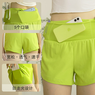 夏季速干马拉松跑步运动短裤女防走光假两件健身瑜伽裤带拉链口袋