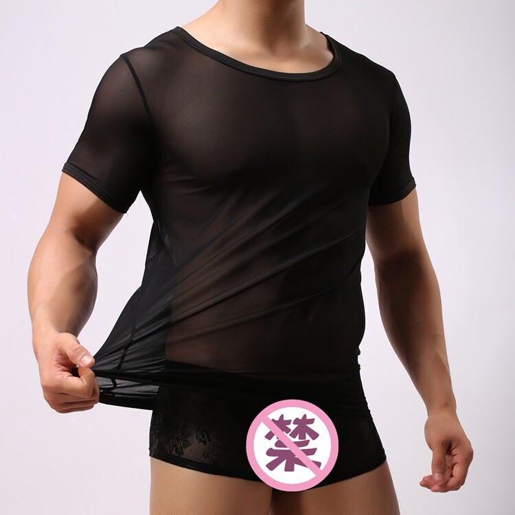 man sexy Mesh Hollow jacket Short sleeved translucent Jacobs t-shirts Elastic force Tight fitting Underwear shorts suitin the Men's clothing, T-shirt  category - from Buy2taobao.com to provide professional Taobao agent buy service