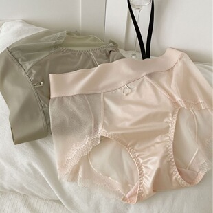 法式性感蕾丝缎面内裤女薄大码高腰无痕提臀三角裤网纱半透明短裤