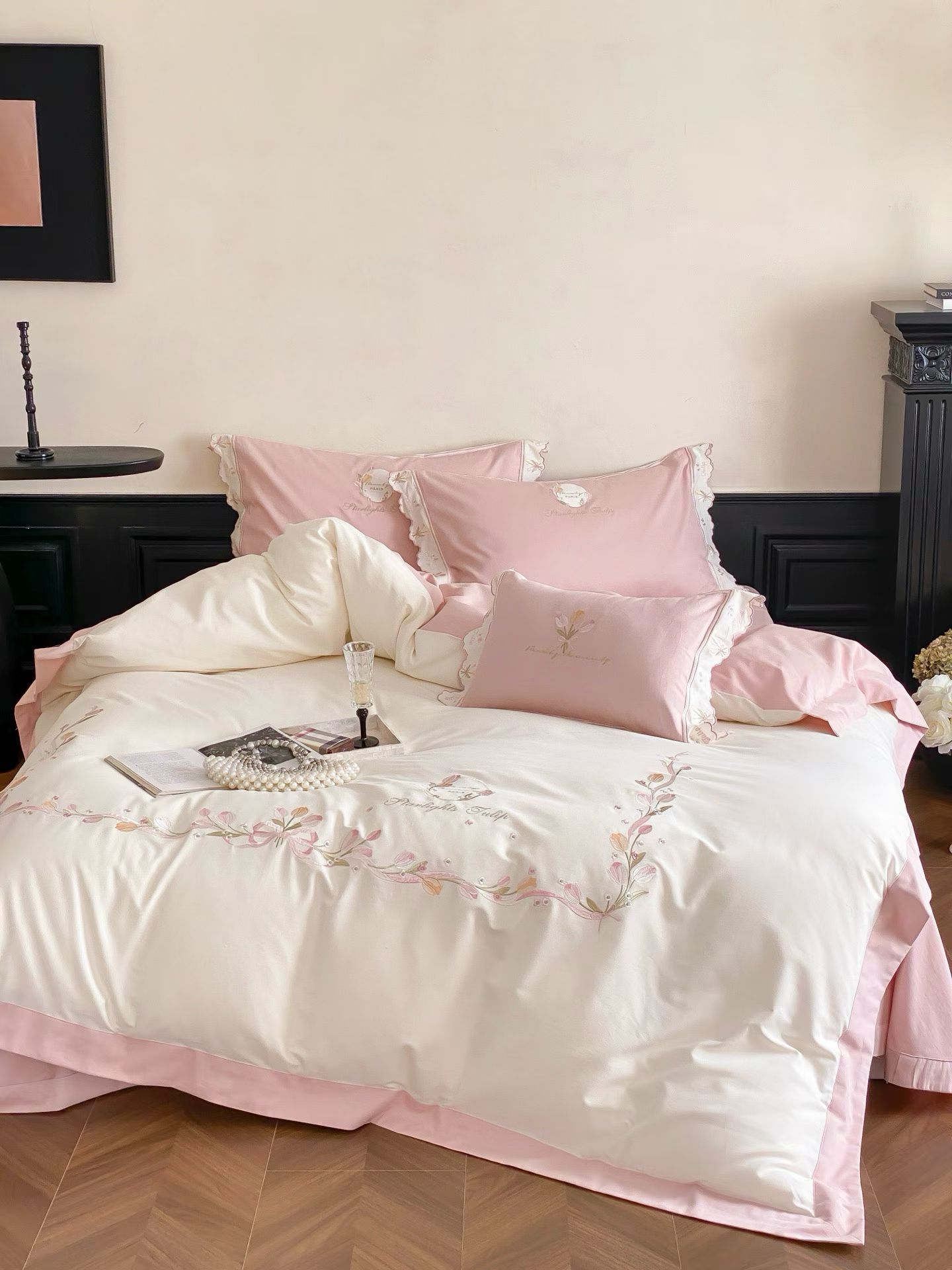 小清新蓝色花朵刺绣四件套