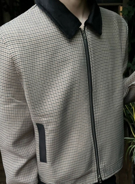 复古拼接翻领千鸟格夹克双拉链短宽外套男设计夹克拼色Cleanfit