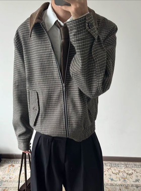 威尔士亲王千鸟格夹克灯芯绒哈灵顿外套拼接撞色领cleanfit老钱风