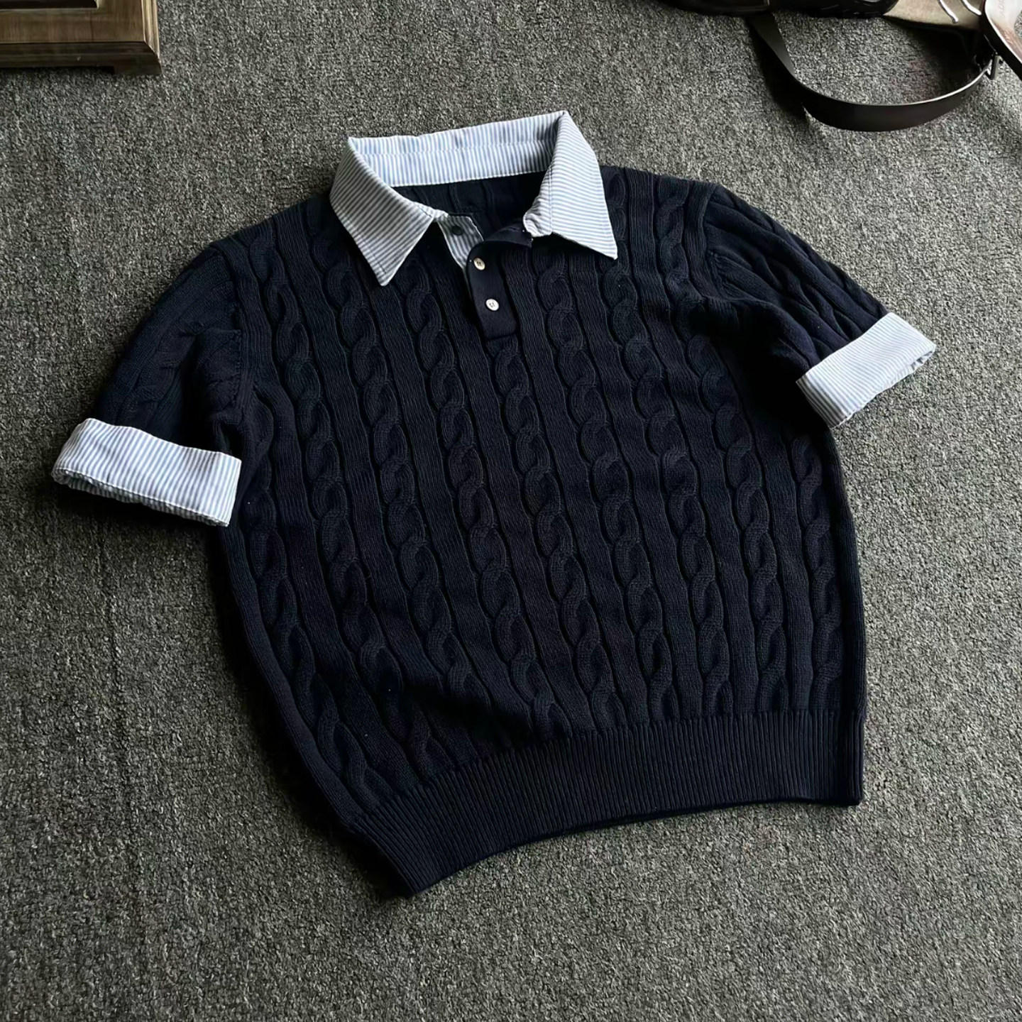 老钱风miu系假两件POLO衫男
