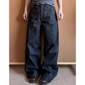 复古宽松牛仔裤 原牛赤耳窄幅红边微喇阔腿A字裤 深蓝直筒Cleanfit