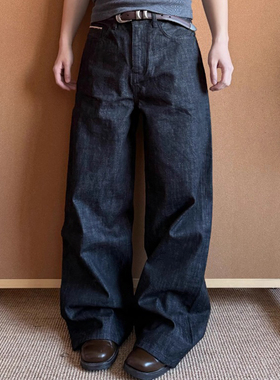 复古宽松牛仔裤原牛赤耳窄幅红边微喇阔腿A字裤深蓝直筒Cleanfit