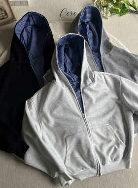 格纹拉链双面穿卫衣皇家蓝miu系连帽开衫卫衣拼接cleanfit外套