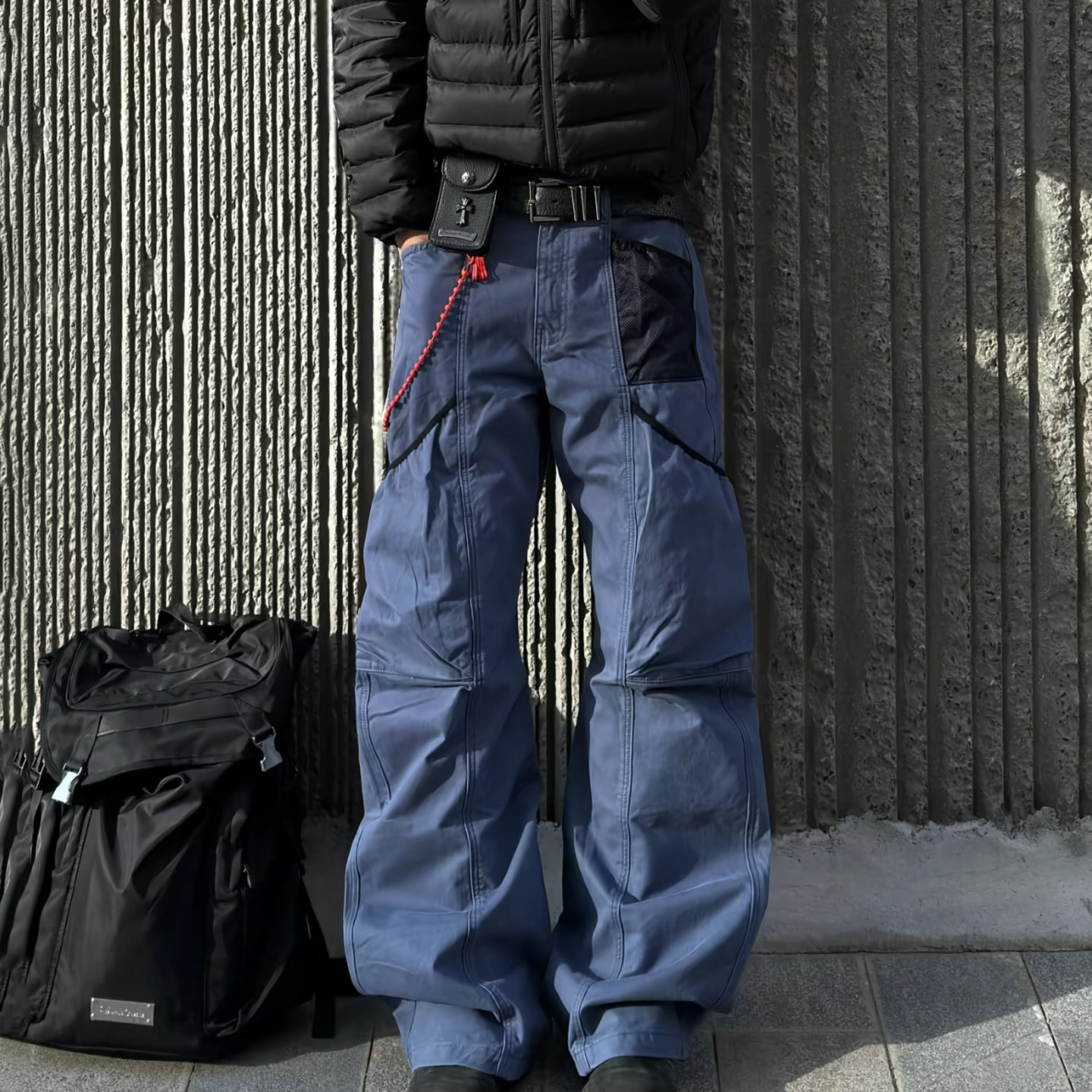 蓝色复古做旧多口袋工装裤