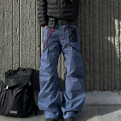 蓝色复古做旧多口袋工装裤