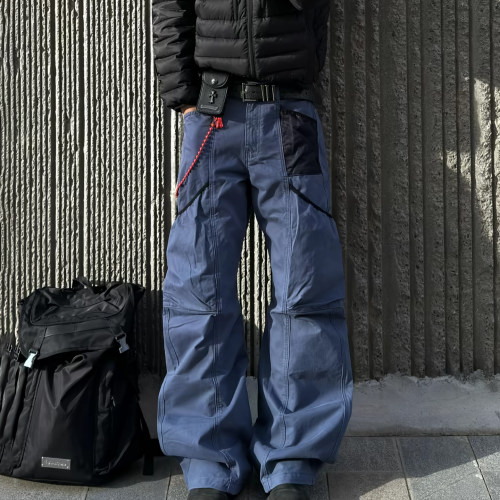 蓝色复古做旧多口袋工装裤