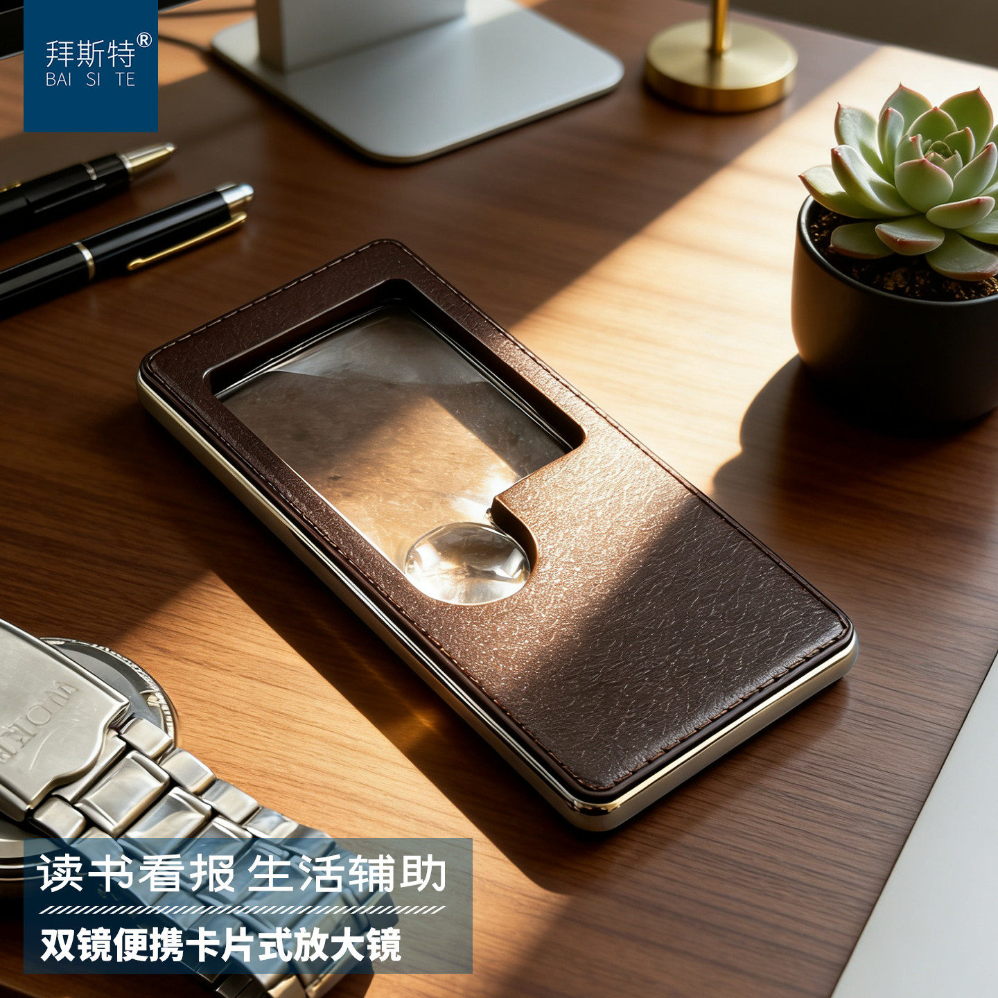 拜斯特双镜便携卡片式放大镜皮质商务办公读书看报生活辅助