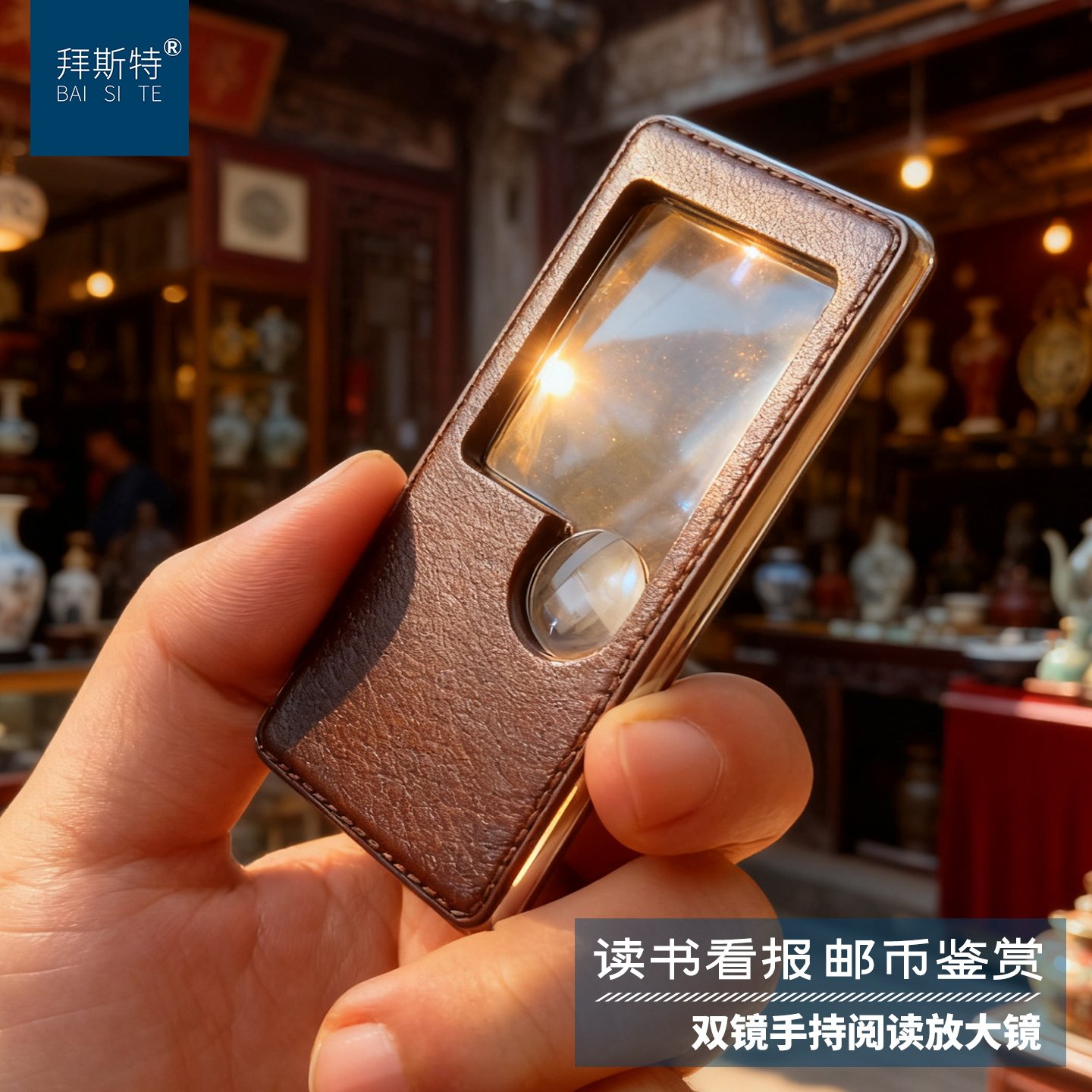 拜斯特卡片放大镜高清看书5倍便携式带2方形led灯老人阅读手持式
