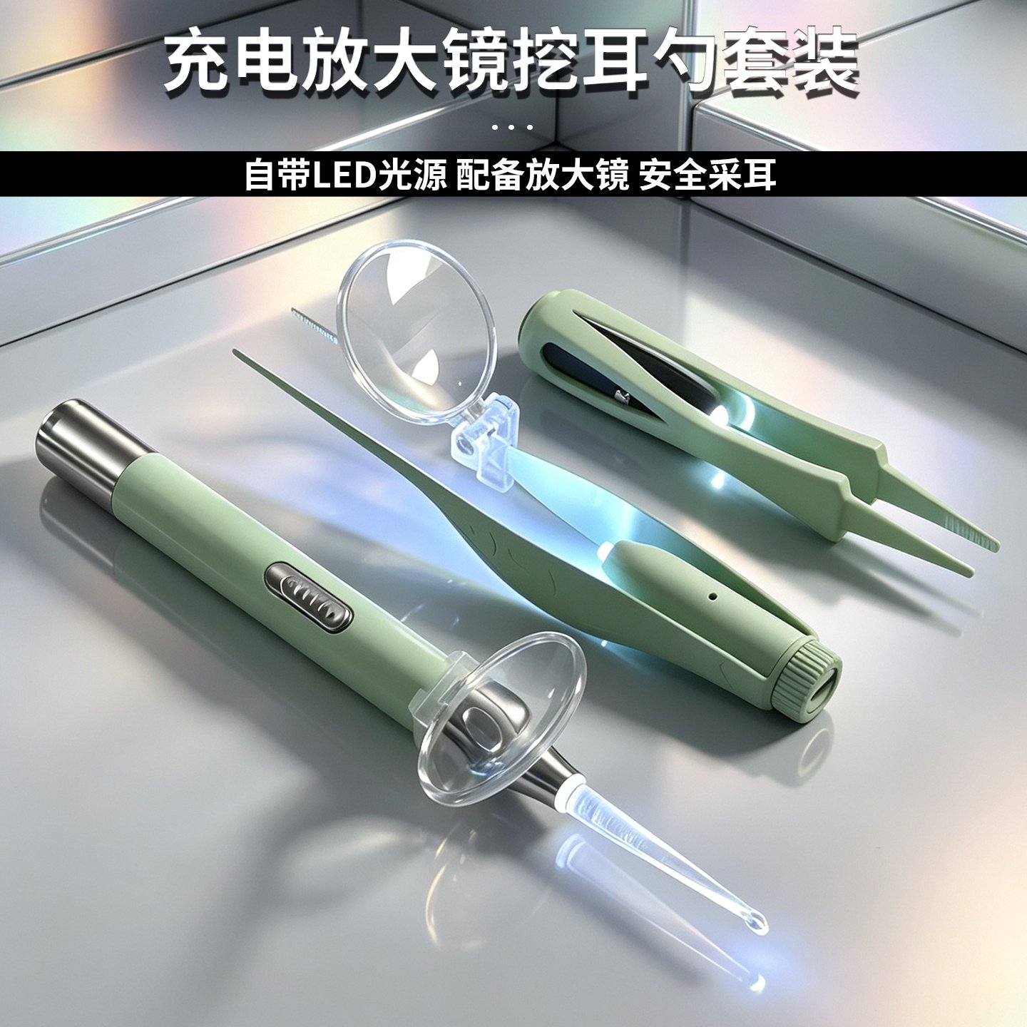 掏耳勺充电款发光led镊子电子鼻夹放大镜套装便携式采耳工具