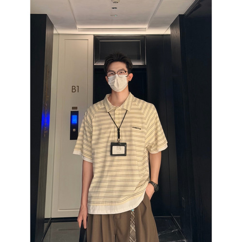 条纹翻领刺绣短袖日系阔版polo