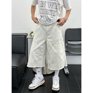 孙聖云啊雲 山矾白毛边伐木短裤美式重工棉质夏日休闲情侣七分裤