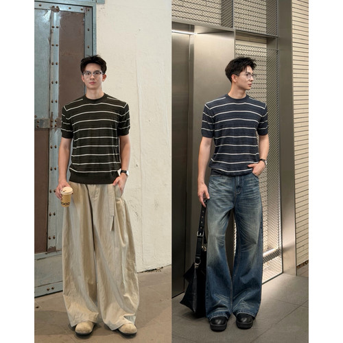 AYUN Studio 孙聖云宽边条纹针织衫宽松圆领套头T恤衫透气老钱衣