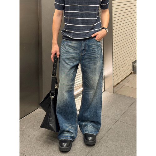 AYUN Studio 孙聖云后口袋刺绣牛仔裤水洗棉质堆积感情侣长裤子潮