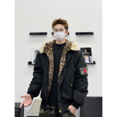Studio 孙聖云豹纹袖 章夹棉外套宽松阔版 AYUN 座山雕毛领冬季 情侣