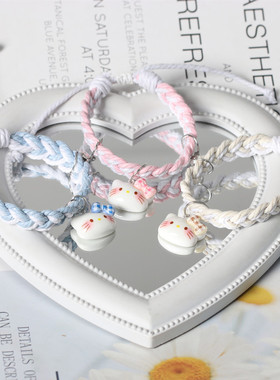 原创格子蝴蝶结猫咪情侣磁吸手链