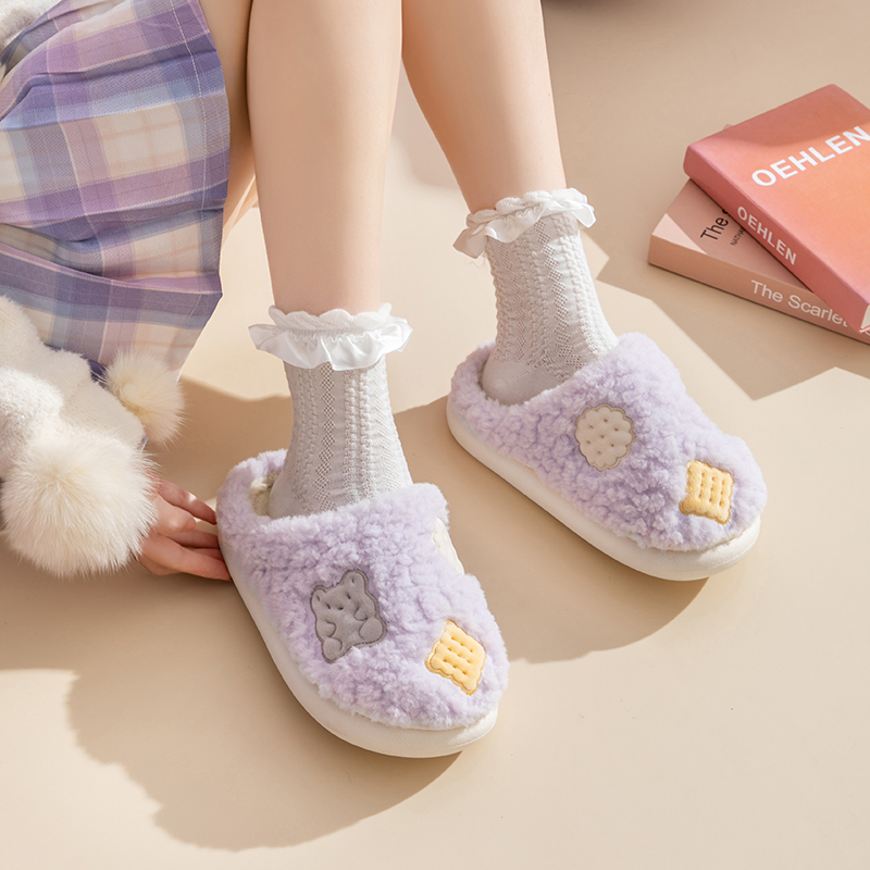 卡通可爱小熊饼干加绒棉拖鞋秋冬