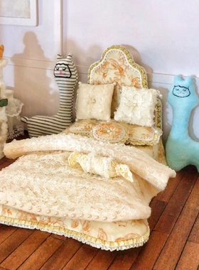 bjd12分娃床微缩娃屋家具场景复古自制人偶迷你玩具床架ob11床品