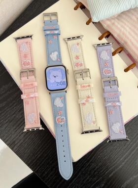 新款刺绣翅膀真皮表带适用ApplewatchS9手表iwatch8765SE2苹果S10