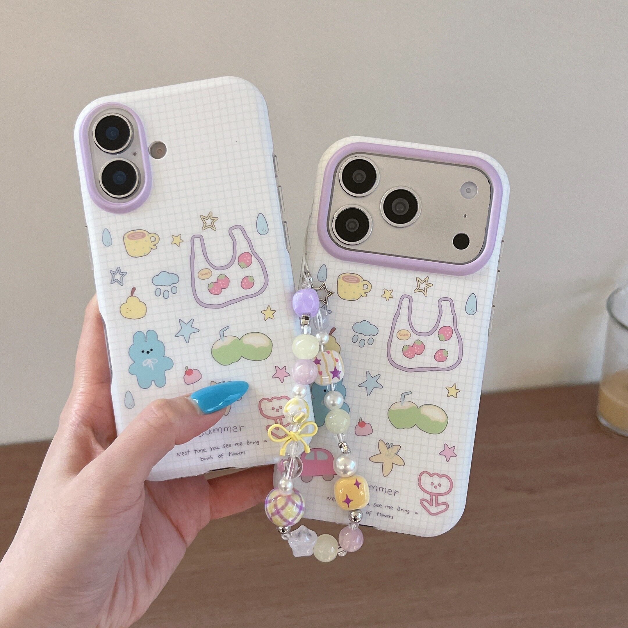 格纹袋子小兔苹果iPhone16pro/17pro手机壳ins风卡通可爱17promax保护套15pm/16pm紫色撞色珠链挂绳15/16/17