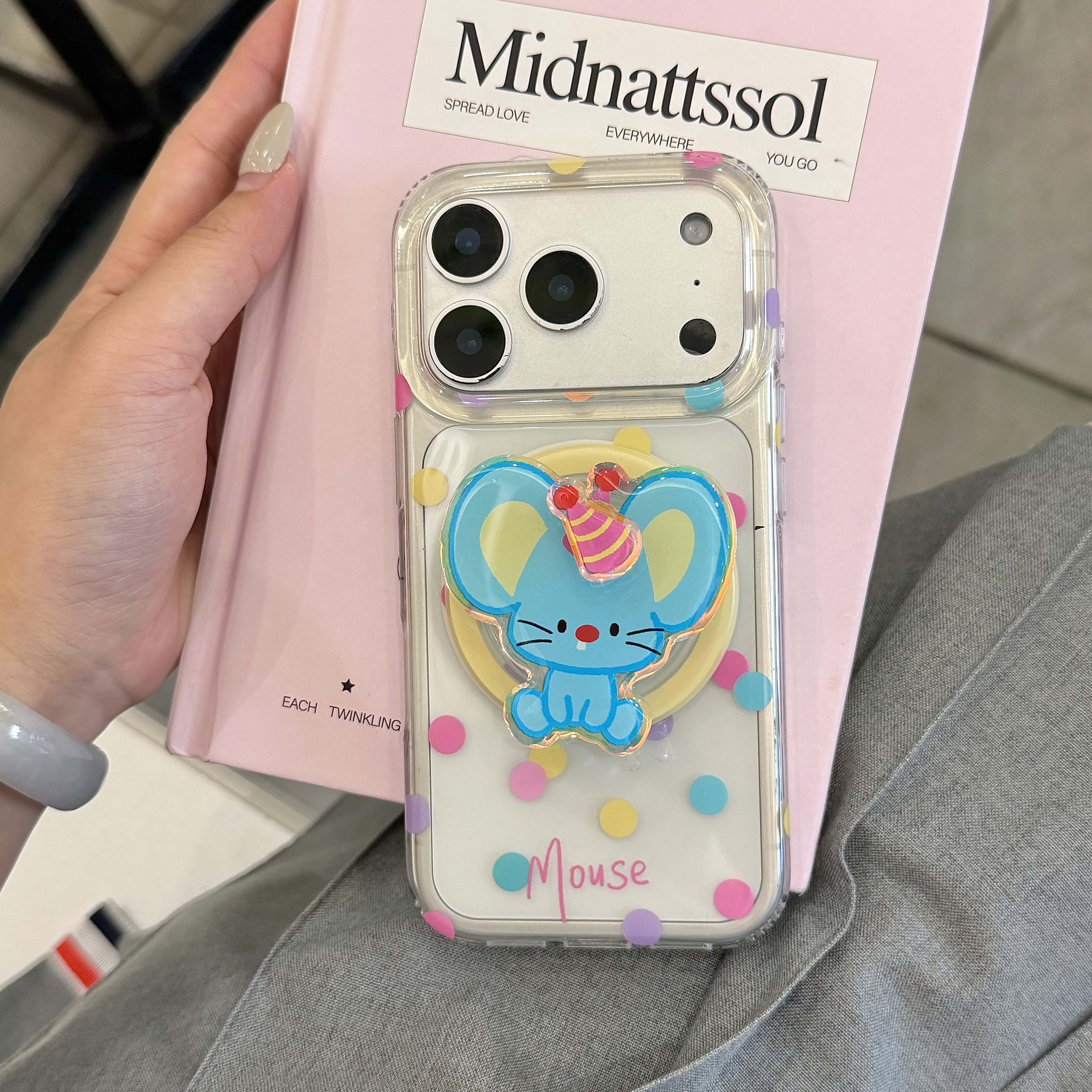 适用于苹果iPhone15/16卡通17promax手机壳透明彩色圆点老鼠支架15promax保护套可爱女生17pro