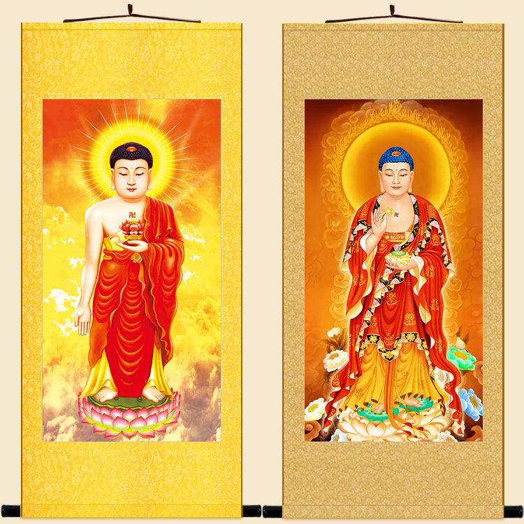 阿弥陀佛画像 无量寿佛西方接引佛图 佛堂丝绸画卷轴挂画定制新品