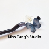 原创新中式 非遗绒花蓝蝴蝶檀木竹枝发簪清冷日常盘发现代简约旗袍