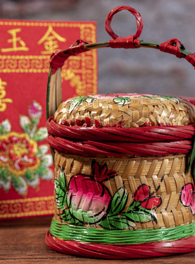 潮州手工竹编小花篮迷你彩绘工艺品老爷保号花篮仔小竹篮竹艺摆件