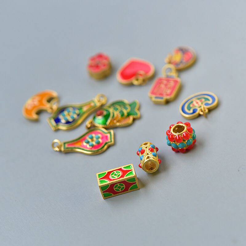 s925银古法金工艺银祥云爱心鱼吊坠手链挂件红绳编制配饰diy配件