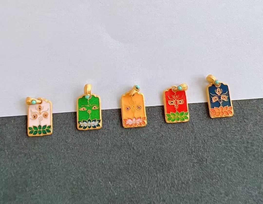 S925古法纯银烧蓝彩五路财神財眼项链吊坠提溜diy饰品配件挂坠子