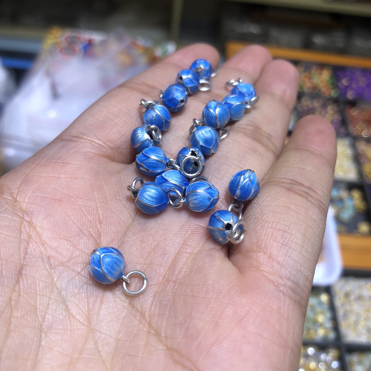 s925纯银古法烧蓝郁金香花苞提溜吊坠diy手链手串挂坠饰品配件