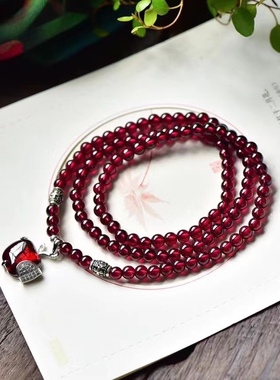 天然酒红石榴石三圈苹果手链925纯银隔珠diy手工串珠4mm