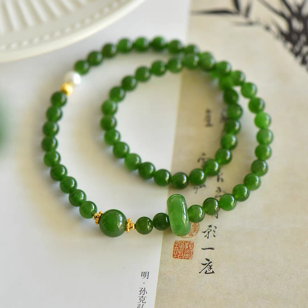 新中式 纯天然和田玉碧玉双圈成品手链设计款碧玉跑环手串送礼物