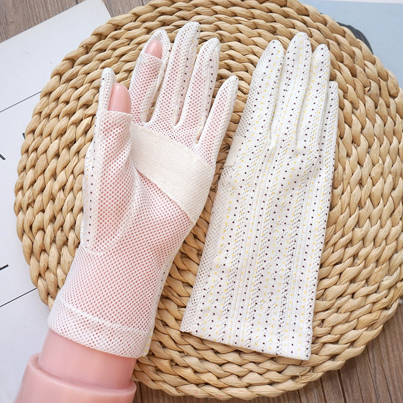 克拉斯卡日系简约夏季女纯棉透气翻露开指开车防滑遮阳手套触屏