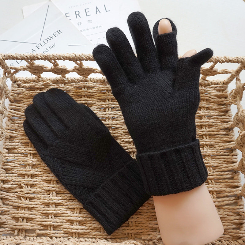 秋冬季男士羊毛保暖防寒骑行韩版触屏翻露指保暖毛线手套学生加厚