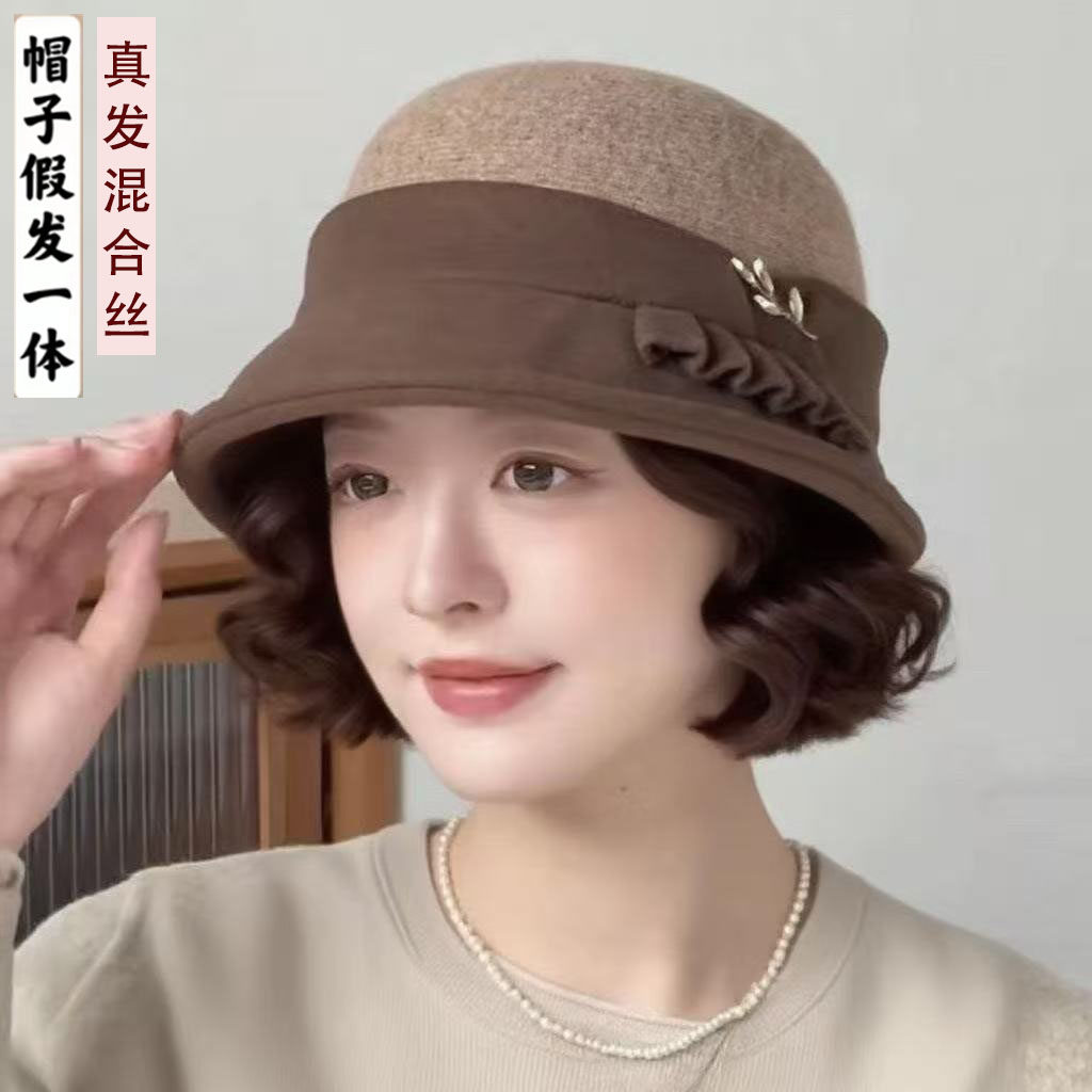 秋冬新款假发一体毛呢礼帽时尚减龄加绒保暖帽子气质蓬松自然短发