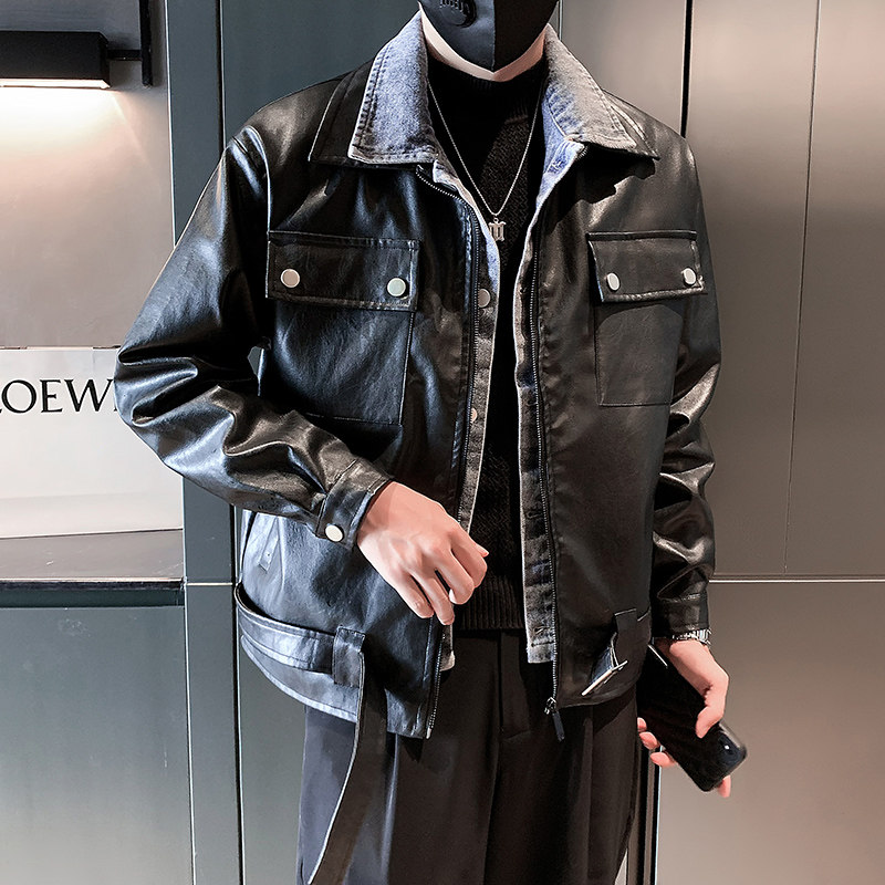 抖音社会小伙冬季新款假两件皮衣外套男-PY22-P128-控168,男装皮衣,电商A370