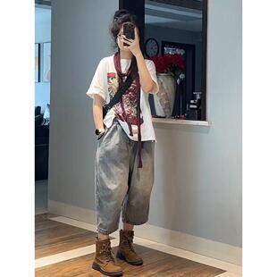 高腰牛仔裤 欧洲站2025夏季 T恤女时尚 洋气宽松印花短袖 两件套 新款