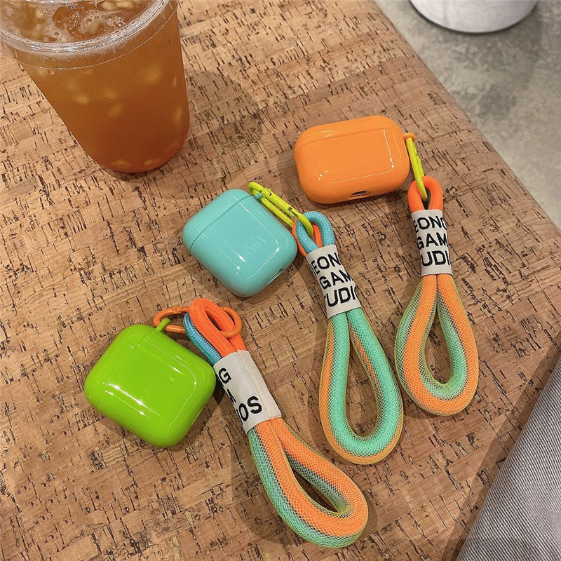 日韩夏日荧光绿彩色手绳适用AirPodspro保护套2代3代苹果AirPodspro2无线蓝牙耳机壳airpods2防摔盒5代女个性