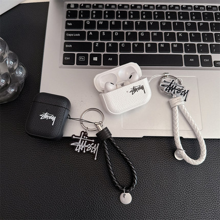 创意潮牌英文AirPods4保护套适用AirPodsPro3防摔盒荔枝纹黑白色苹果蓝牙耳机壳3代硅胶软壳2代五代情侣男女