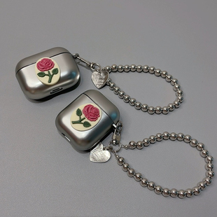 简约电镀银玫瑰花手链适用AirPods4代保护套3代pro3苹果无线蓝牙AirPodsPro耳机壳pro二代创意女4代5代耳机包