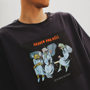 280克美潮恶魔天使印花黑色短袖 纯棉t恤男女复古百搭情侣上衣 夏季