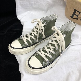 男情侣款 纯色男鞋 透气百搭休闲板鞋 新款 2026春季 橄榄绿高帮帆布鞋