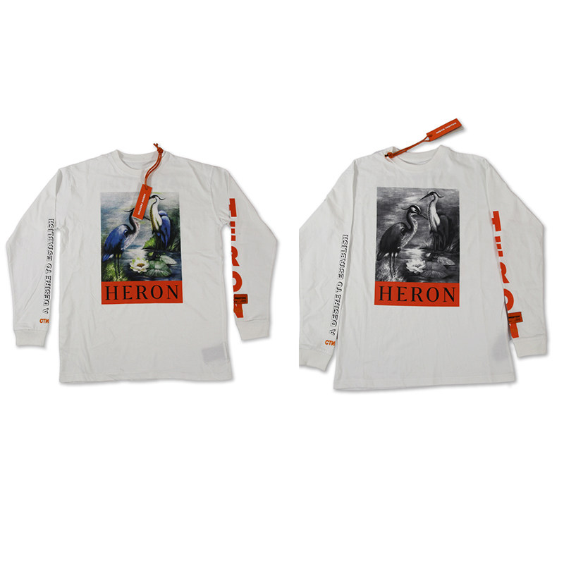 正确heron preston仙鹤彩色双鹤长袖t恤邓紫棋同款情侣打底衫白色