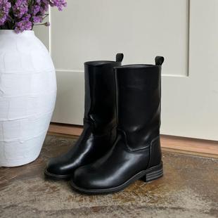 韩国HOWUS ROES新款靴子粗跟平底西部牛仔靴骑士靴中筒平底短靴女